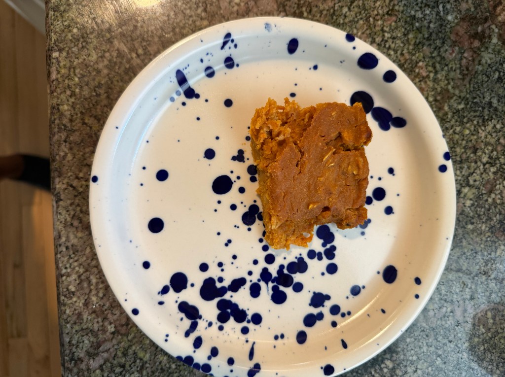 A small piece of baked good on a white plate with blue speckles, placed on a granite countertop.